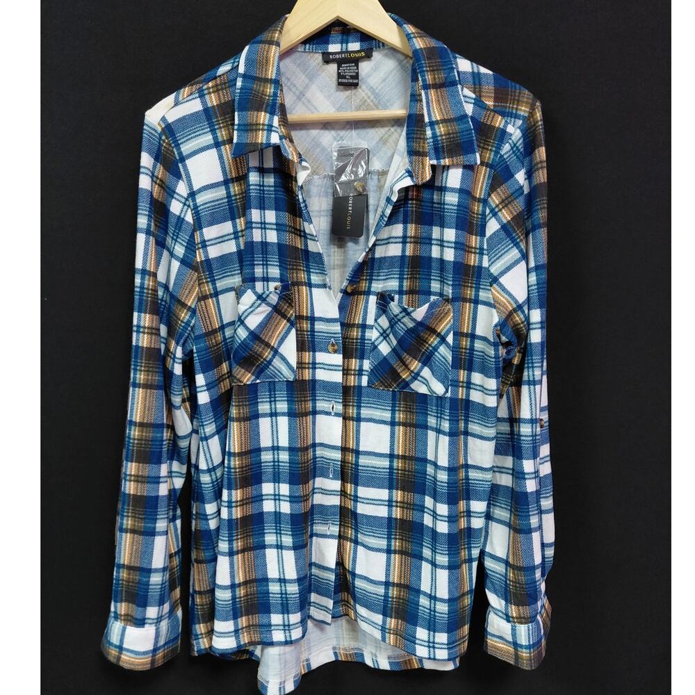 NWT ROBERT LOUIS Plaid Button-Up Shirt Blue Brown Knit Long Sleeve Size XL